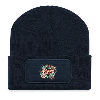Fische, Tierkreis, Fisch und Lotusblüte. - Recycelte Patch Beanie - French Navy - Vorne