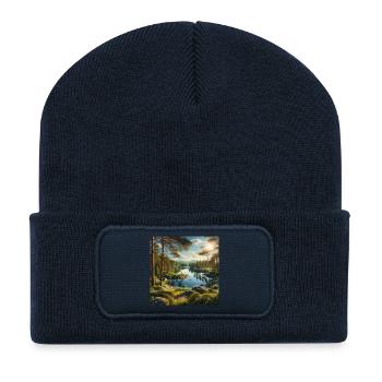 Lac forestier sous le soleil du soir - Beanie recyclé à patch - bleu marine - Devant