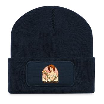 Pin-up Art nouveau : Femme élégante dégustant une pizza - Beanie recyclé à patch - bleu marine - Devant