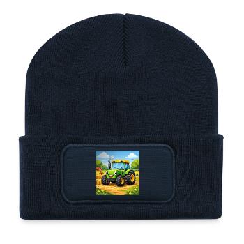 Fröhlicher Grüner Traktor auf Feld - Recycelte Patch Beanie - French Navy - Vorne