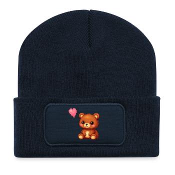 Pixel bear with heart balloon - Recycled Patch Beanie - french navy - Front