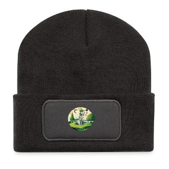 Dino Golf Duo on a green meadow - Recycled Patch Beanie - dark grey - Front