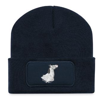 The head of a grey horse pulling on its lunge - Recycled Patch Beanie - french navy - Front