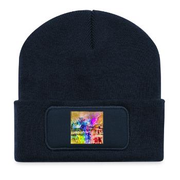 Aquarelle colorée du village d’hiver - Beanie recyclé à patch - bleu marine - Devant