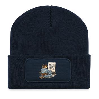 Samurai-Katzen-Malerei Sumi-e Ukiyo-e Kunst - Recycelte Patch Beanie - French Navy - Vorne
