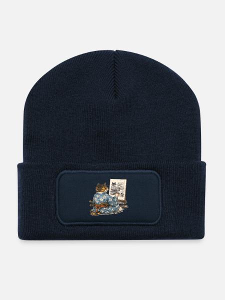 Samurai Cat Painting Sumi-e Ukiyo-e Art - Recycled Patch Beanie - french navy
