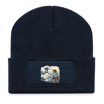 Samurai Cat Wave japanischer Ukiyo-e-Stil - Recycelte Patch Beanie - French Navy - Vorne
