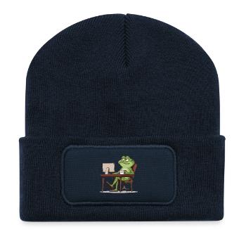 Bureau des grenouilles avec café - Beanie recyclé à patch - bleu marine - Devant