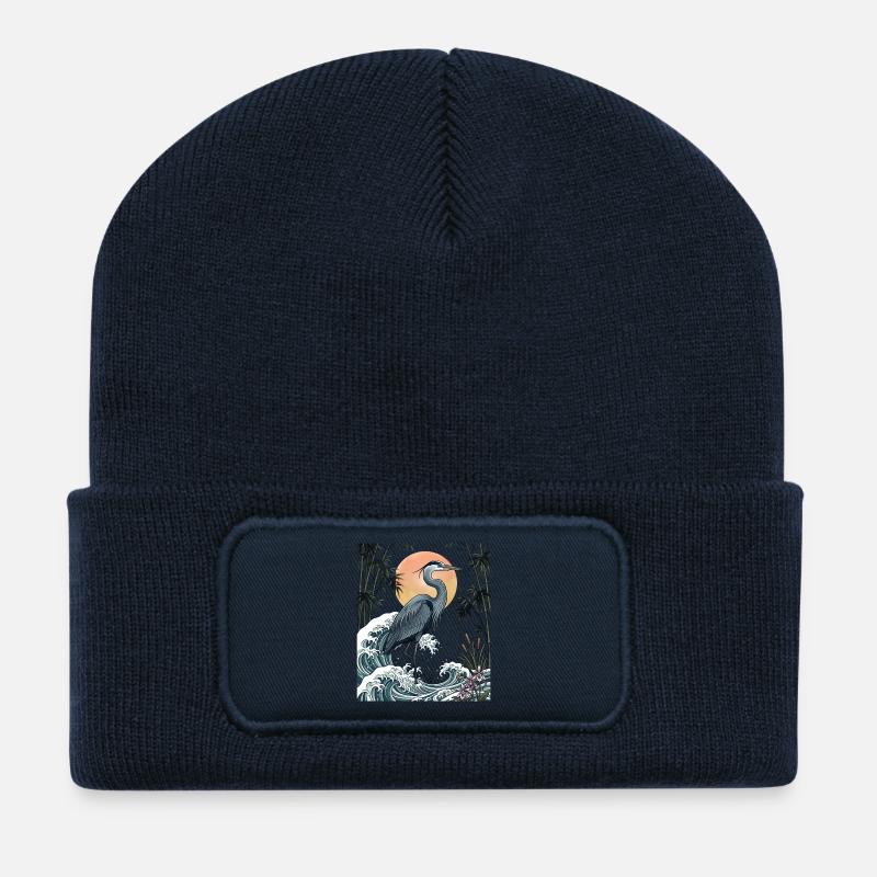 Große Blaureiher Great Wave Küstentierkunst - Recycelte Patch Beanie - French Navy