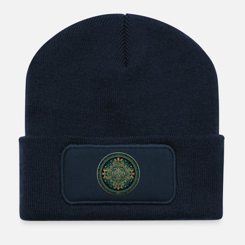 Aztec Solar Calendar Gold - Recycled Patch Beanie - french navy