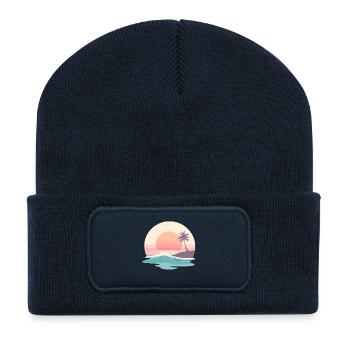 Retro Sunset Beach & Palm Tree - Recycled Patch Beanie - french navy - Front