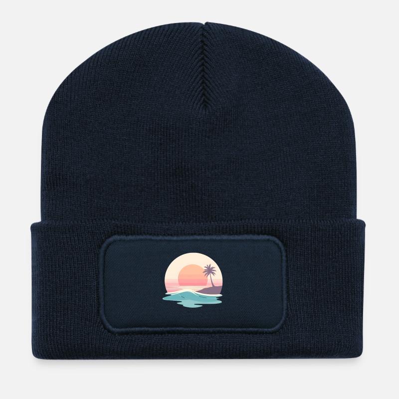 Retro Sunset Beach & Palm Tree - Recycled Patch Beanie - french navy