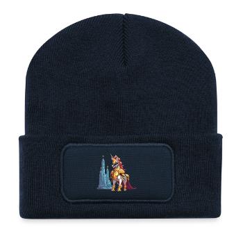 Golden Unicorn in front of Castle - Recycled Patch Beanie - french navy - Front
