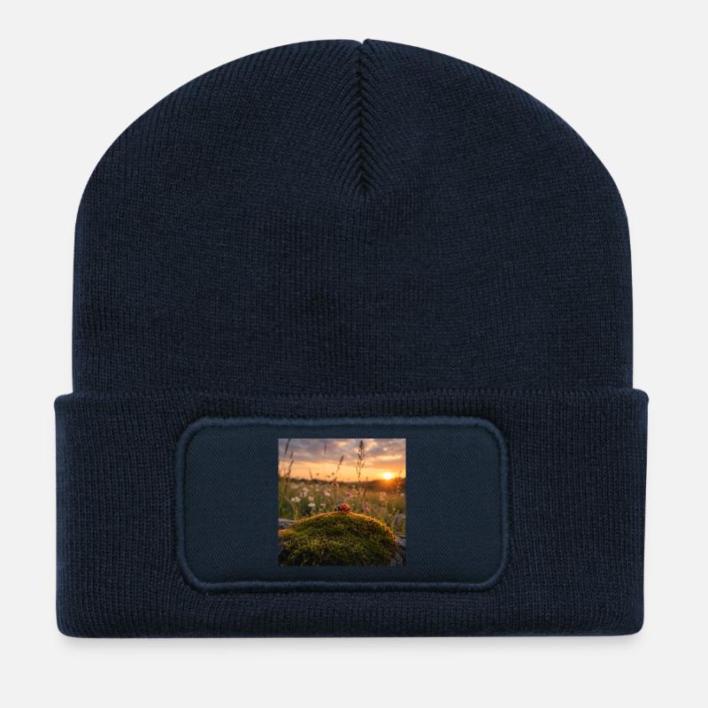 Ladybug in sunset and moss - Recycled Patch Beanie - french navy