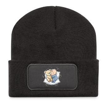 Petit héros câlin : bébé et ours en peluche - Beanie recyclé à patch - charbon - Devant