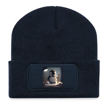 Pinguin Künstler am Tisch - Recycelte Patch Beanie - French Navy - Vorne