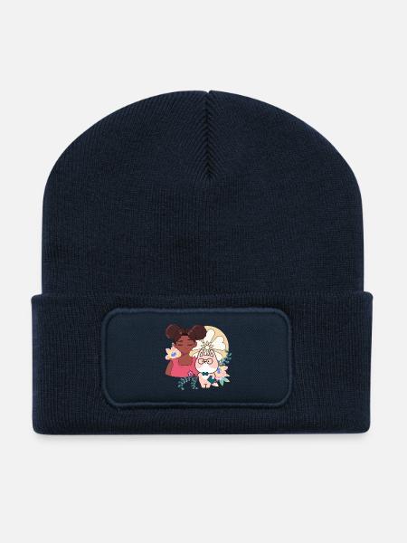 Kawaii Girl, Cyborg Dog and Flowers - Recycled Patch Beanie - french navy