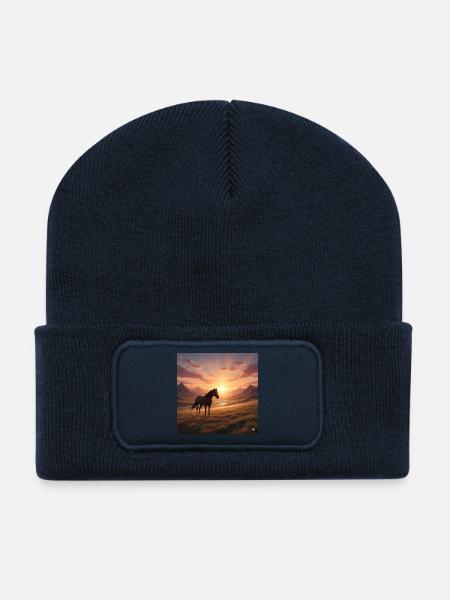 Sonnenuntergangs-Pferd im Bergtal - Recycelte Patch Beanie - French Navy