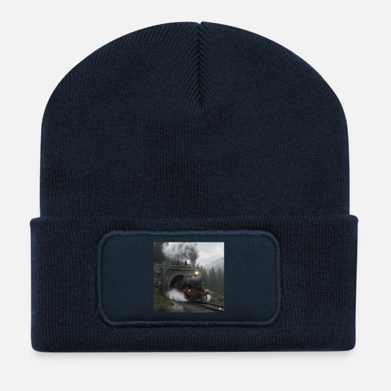 Train à vapeur à travers la forêt au tunnel - Beanie recyclé à patch - bleu marine