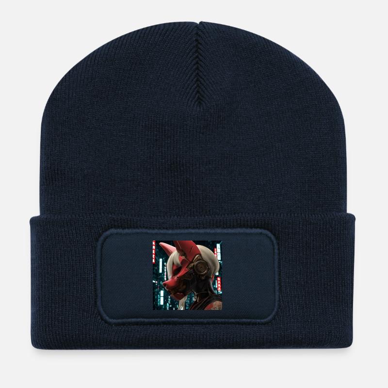 Roter Neon-Fox Maskenhelm - Recycelte Patch Beanie - French Navy