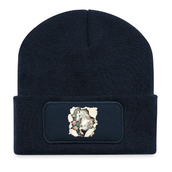 Cheval aux roses - Beanie recyclé à patch - bleu marine - Devant