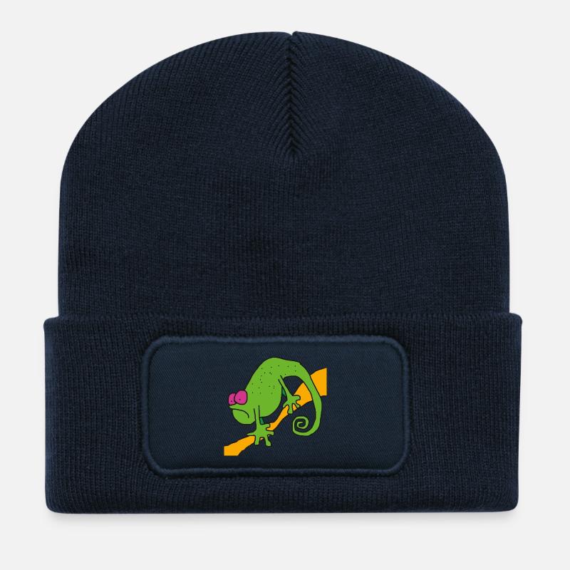 Chamaeleon am Ast – bunte Pop-Illustration - Recycelte Patch Beanie - French Navy
