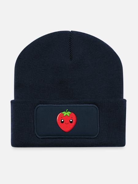 Kawaii Erdbeere Lächeln - Recycelte Patch Beanie - French Navy