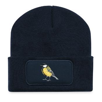 Vogel Pop-Art: Gelber Bachvogel - Recycelte Patch Beanie - French Navy - Vorne
