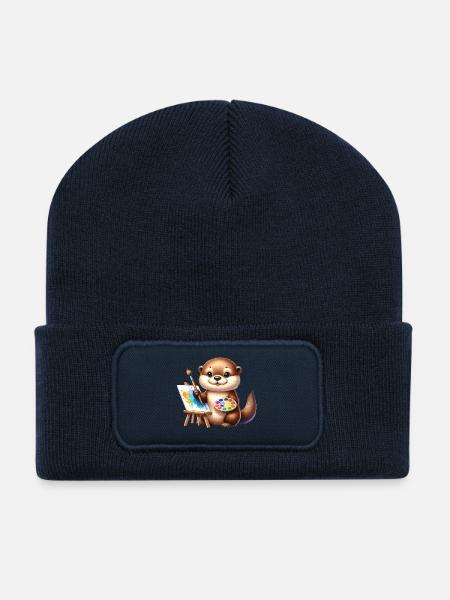 Little kawaii otter as an artist at easel - Recycled Patch Beanie - french navy