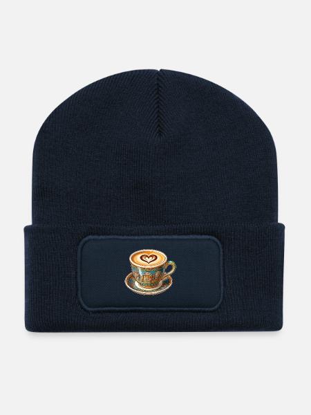 Café latte dans une tasse grecque - Beanie recyclé à patch - bleu marine