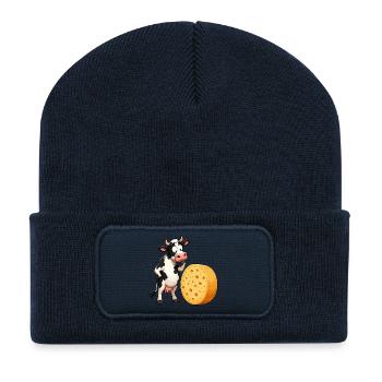 Dessin animé La vache rencontre le fromage - Beanie recyclé à patch - bleu marine - Devant