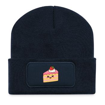 Kawaii Erdbeer-Kuchen Scheibe - Recycelte Patch Beanie - French Navy - Vorne