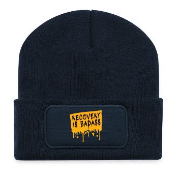 Recovery Is Badass Motivational Recovery Quote Logo - Recycled Patch Beanie - french navy - Front