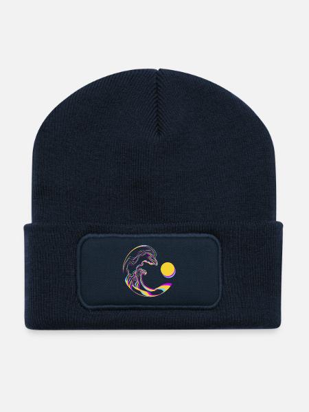Neon Wellen - Recycelte Patch Beanie - French Navy