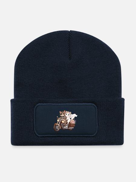 Just Married Katzen auf Motorrad - Recycelte Patch Beanie - French Navy