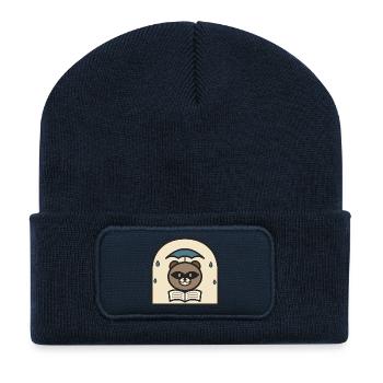 Raccoon reads under rain umbrella - Recycled Patch Beanie - french navy - Front
