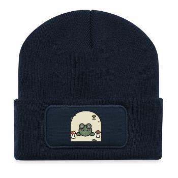 Frog among mushrooms cartoon - Recycled Patch Beanie - french navy - Front
