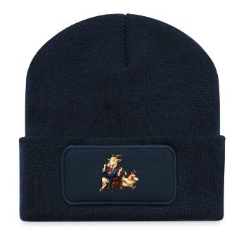 Ziege als Gentleman bei Tee mit hektischem Huhn - Recycelte Patch Beanie - French Navy - Vorne