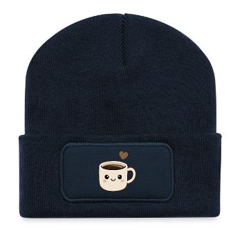 Süße Kawaii-Kaffeetasse mit Herzaufkleber - Recycelte Patch Beanie - French Navy - Vorne