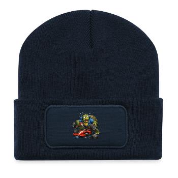 Schildkröte als Rennwagen-Mechaniker Boxenstopp - Recycelte Patch Beanie - French Navy - Vorne