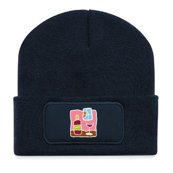Minimalist Red Wine – Bottle & Glass - Recycled Patch Beanie - french navy - Front