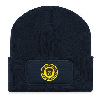 Warning CCTV Camera In Operation Sign - Recycled Patch Beanie - french navy - Front