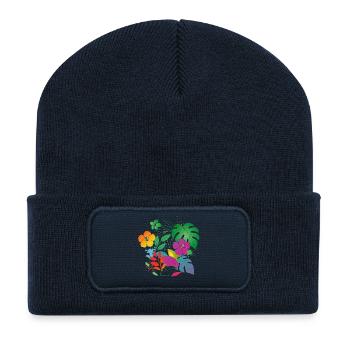 Tropische Blumen und Blätter Design - Recycelte Patch Beanie - French Navy - Vorne