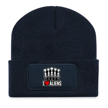 I Love Aliens Außerirdische Alien Fan Gruppe - Recycelte Patch Beanie - French Navy - Vorne