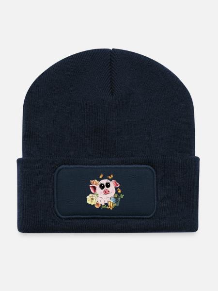 Cute piggy with googly eyes - Recycled Patch Beanie - french navy