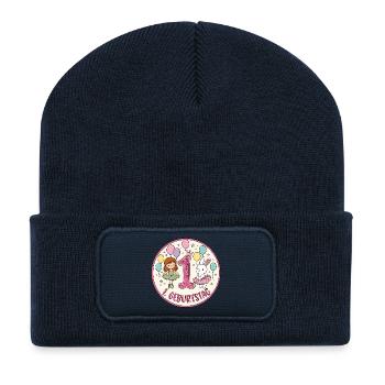 Erster Geburtstag Mädchen Hase - Recycelte Patch Beanie - French Navy - Vorne