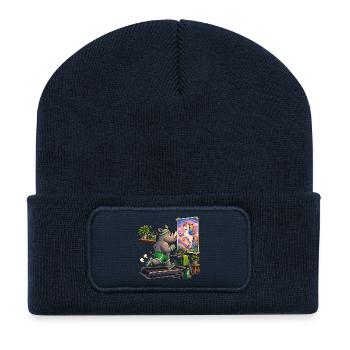 Rhinocéros sur tapis roulant devant une licorne photo - Beanie recyclé à patch - bleu marine - Devant