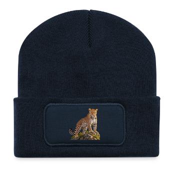 Leopard Realistisch auf Felsen - Recycelte Patch Beanie - French Navy - Vorne