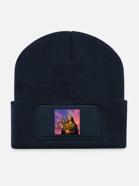 Modernes Porträt mit Sonne und Eulen - Recycelte Patch Beanie - French Navy