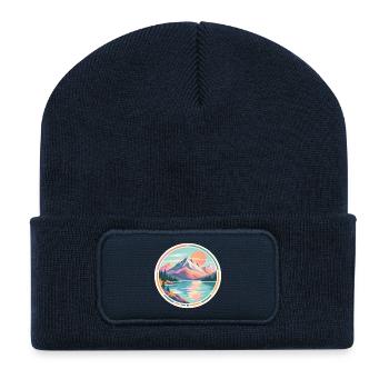 Bergsee Sonnenuntergang Sticker - Recycelte Patch Beanie - French Navy - Vorne